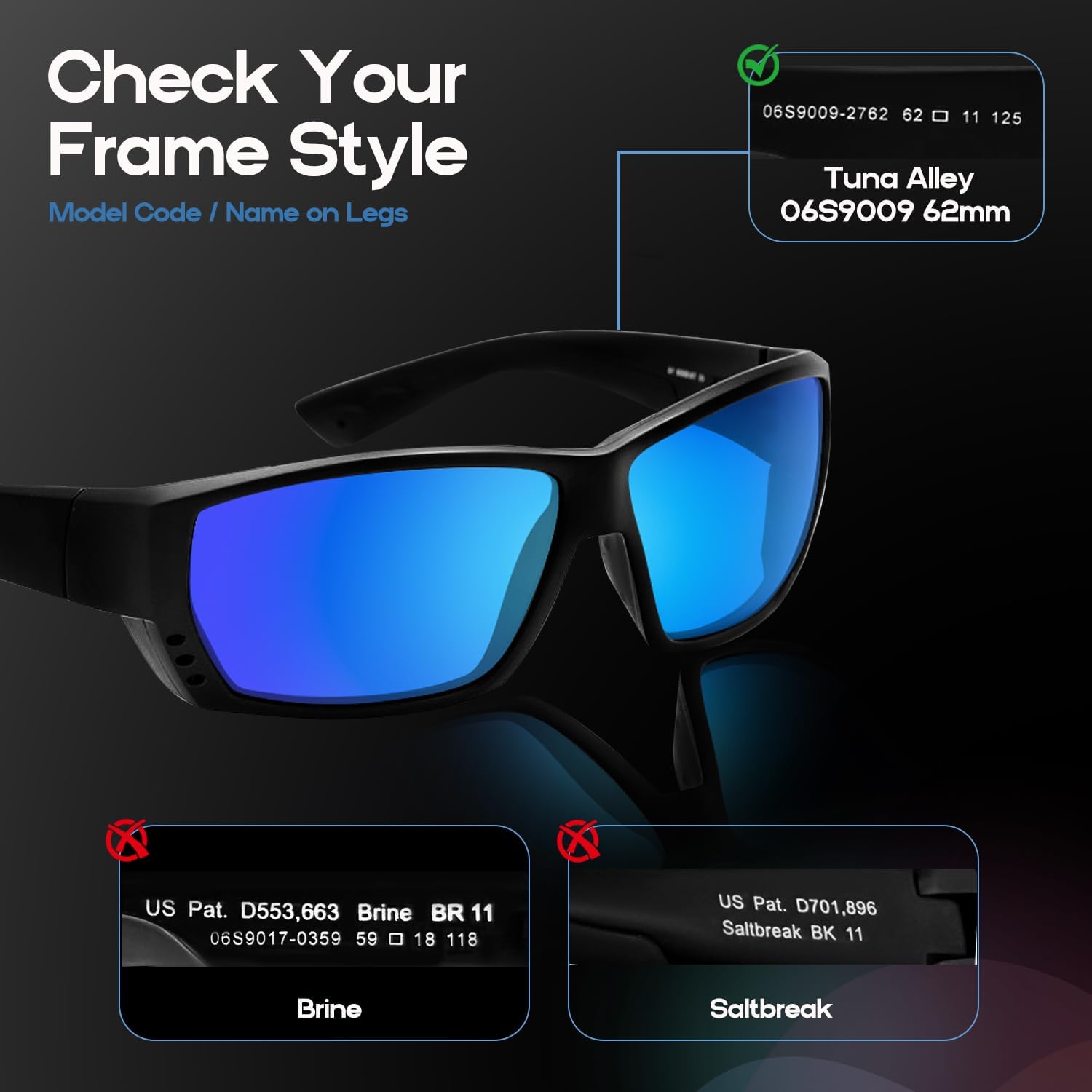Replacement Lenses for Costa Del Mar Tuna Alley 06S9009 62mm Sunglasses