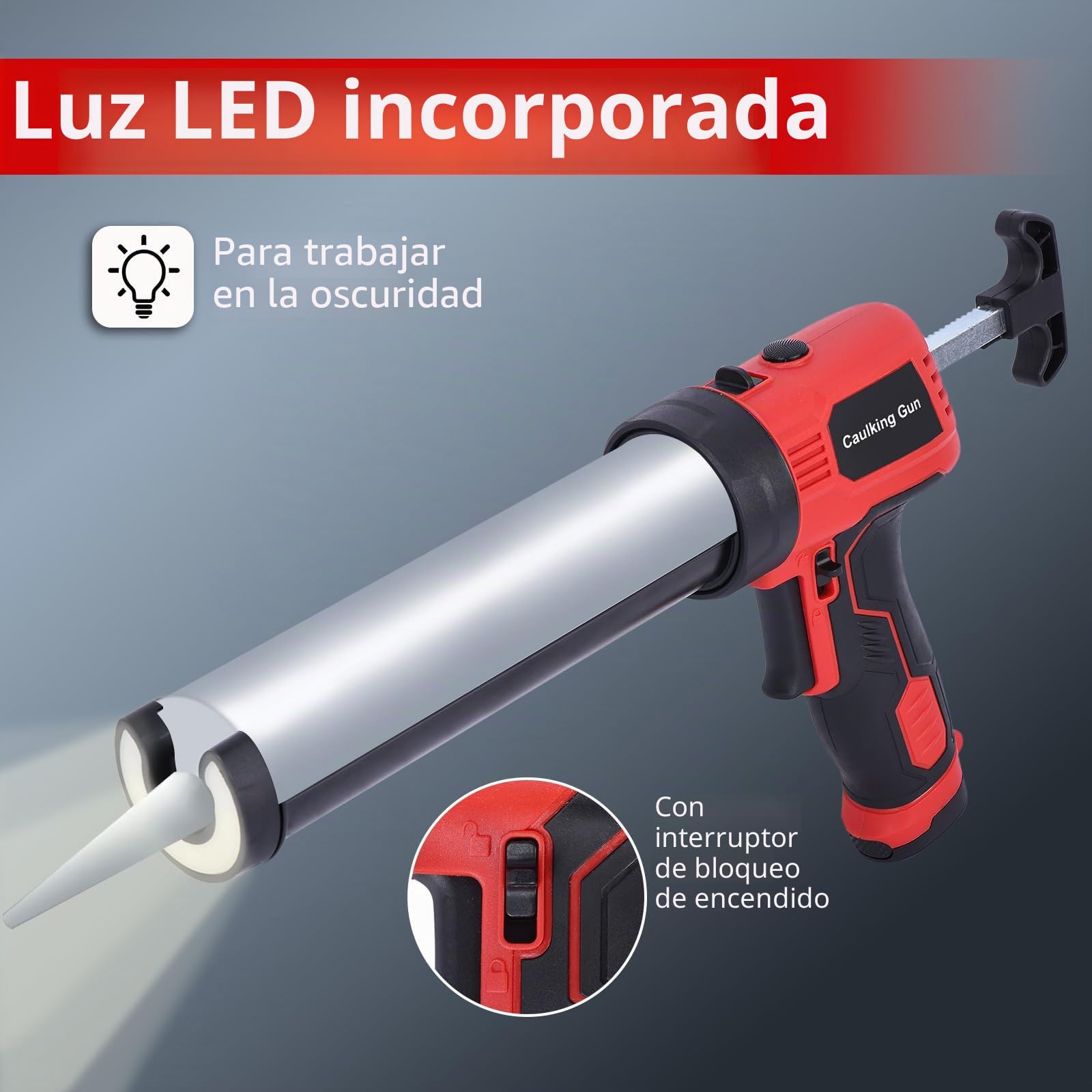 Pistola Silicona Bateria 300ml, Pistola Silicona Eléctrica Inalámbrica a Pilas Ligera de 0.9kg con Luz LED y Mango Ergonómico para Sellar Ventanas Puertas y Juntas para Pilas AA