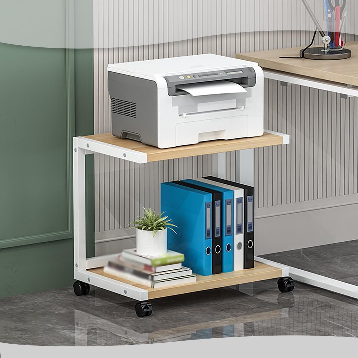 Supporto per stampante a 3 livelli con ruote girevoli, carrello portaoggetti mobile per forniture per casa e ufficio, ripiano multistrato, per cartelle e bidoni (legno, 65 x 49,8 cm)