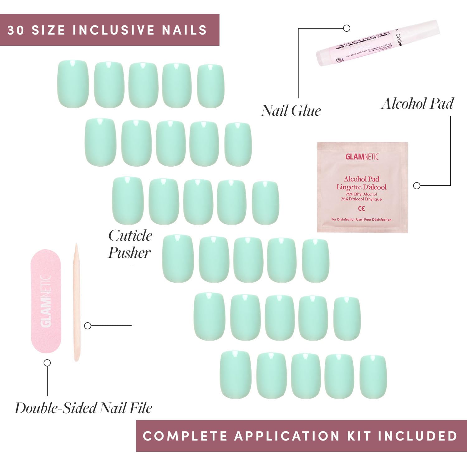 Glamnetic Press-On Nails Bundle - Soft Teal & Fairy Dust | Short Almond Light Blue Fake Nails with Glossy Finish | Short Oval Beige-Pink False Nails with a Metallic Finish | Reusable, Salon-Quality Na