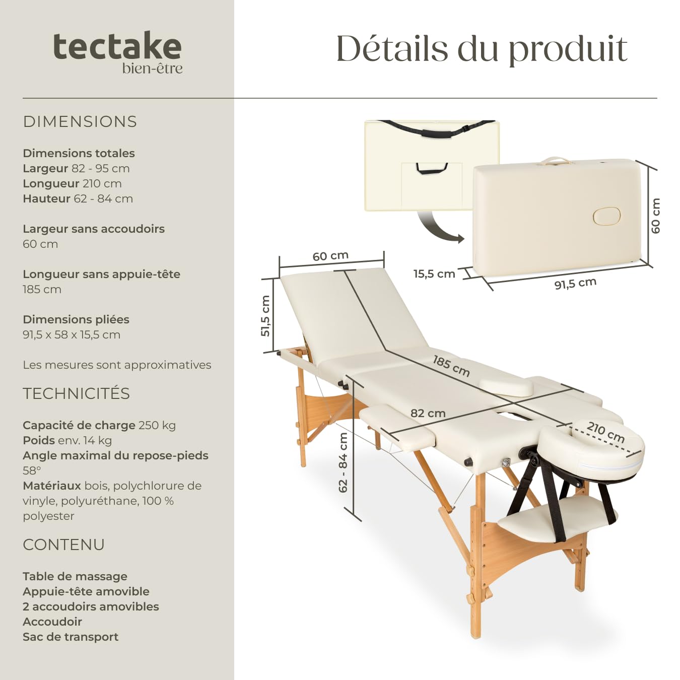 tectake® Table de Massage Pliante Professionnelle 3 Zones Massage et Relaxation Bois Table Esthetique Professionnel Cosmetique Lit de Massage Portable Repose Bras & Housse de Transport - Beige