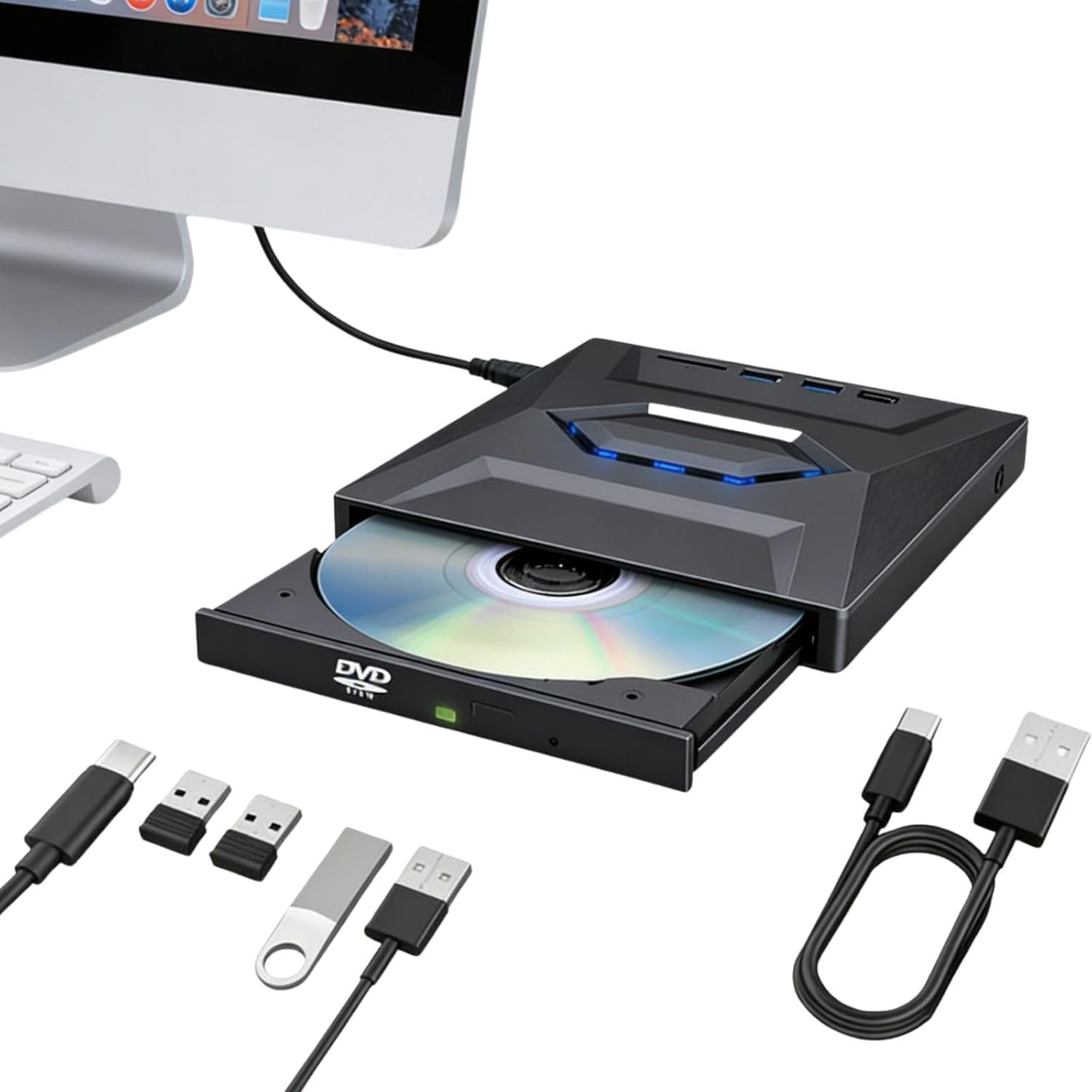 7 in 1 External DVD Drive for Laptop, 2026 Portable Blu Ray Player, USB 3.0 & Type-C CD/DVD Burner Reader with SD/TF Card Slots, External Disc Drive for Windows 11/10/XP, Mac, Linux PC Desktop (Black)