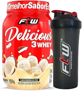 Kit Whey Delicious 3whey Ftw Beijinho De Coco 900g + Coqueteleira Shaker Ftw Fumê 600ml