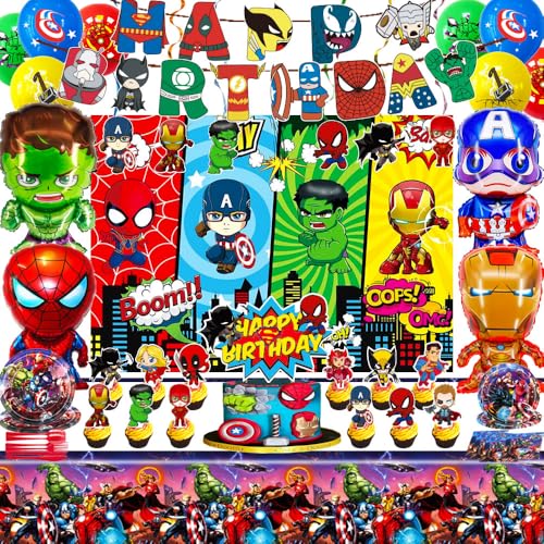 Avenger Theme Birthday Party Supplies Decorations Including Birthday Banner Tablecloth Backdrop Hanging Swirls Balloons Cake Toppers Plates Forks Spoons for Cool Party