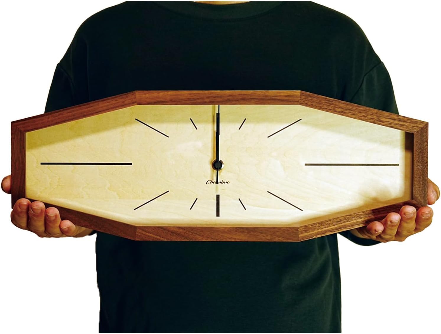 Octagonal Solid Wood Wall Clock - Japanese Handcrafted, Silent Non-Ticking, Battery Operated Modern Design for Living Room, Bedroom, Office Decor - CH-060 (Walnut)