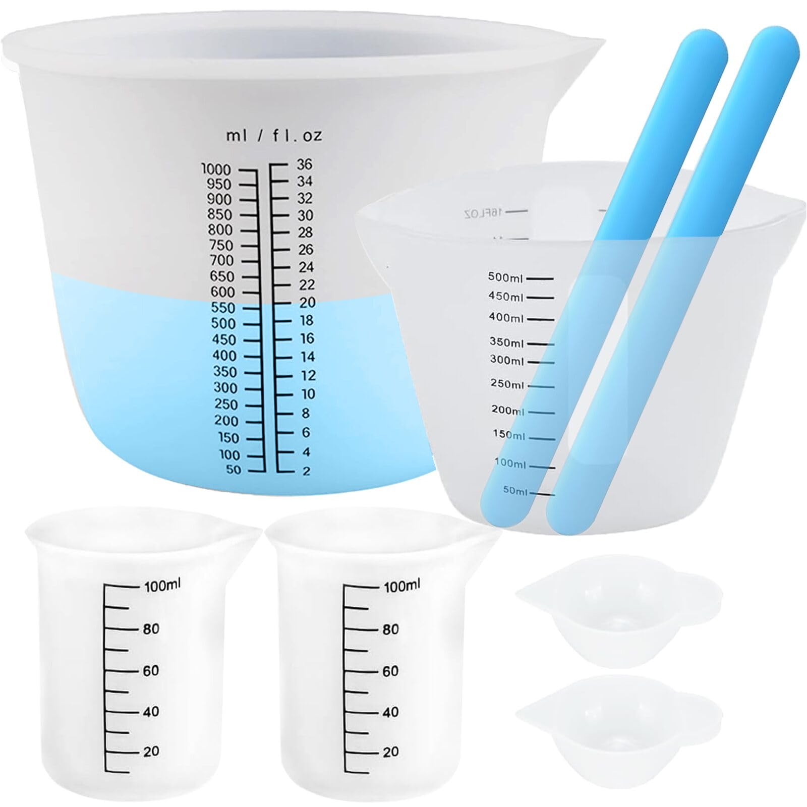 XIMUHO Silicone Measuring Cups for Epoxy Resin 8pcs, 1000/500/100/15ml Measure Jugs Set with 2 Silicone Stirrers for Resin Mixing, DIY, Crafts