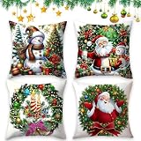 ZesGlyxyr Copricuscini Natalizi, Cuscini Natalizi per Divano, Set di 4 federe per cuscino con renna, Babbo Natale, pupazzo di neve, Addobbi Natale, Decorazioni Natalizie Casa - 45cmx45cm
