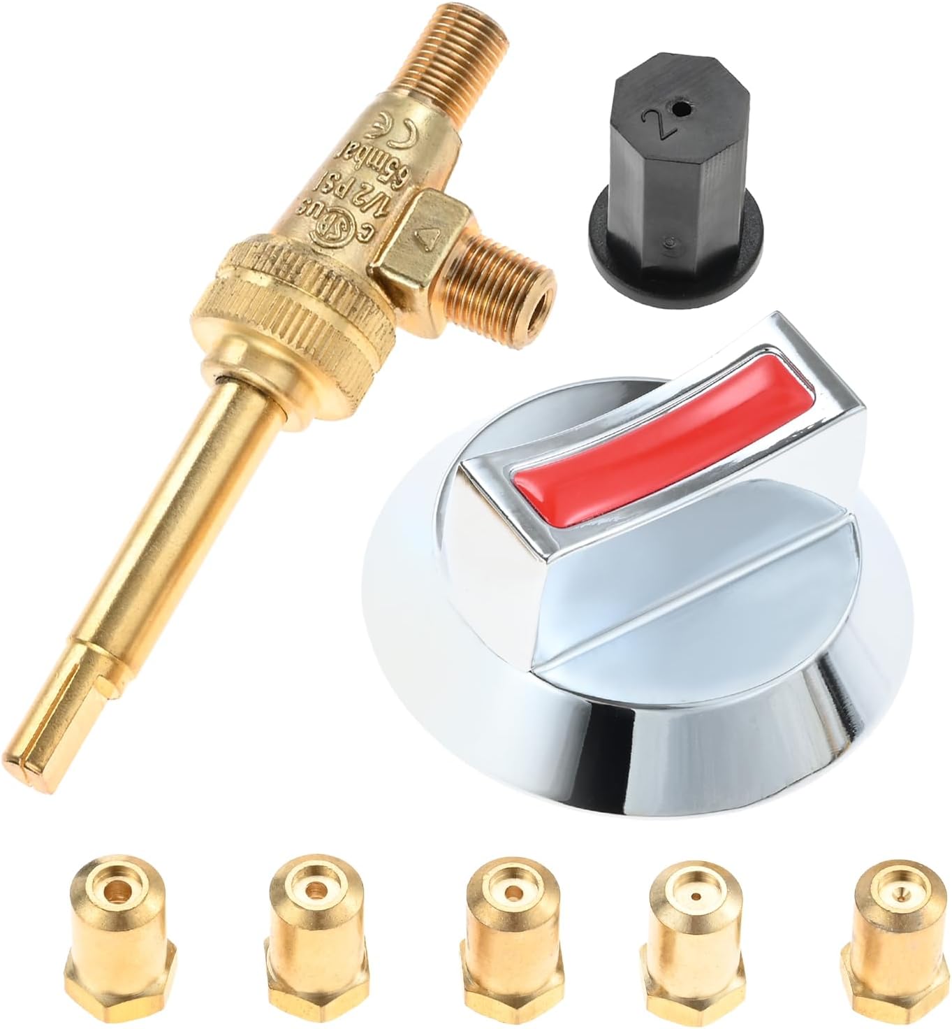 Gas Stove Range Valve with Metal Alloy Knob and Orifice Pack Kit, 0.7mm, 1.2mm, 2.0mm, 2.5mm, 3.2mm, Fitting for Hotel Commercial Kitchen Gas Control Valve