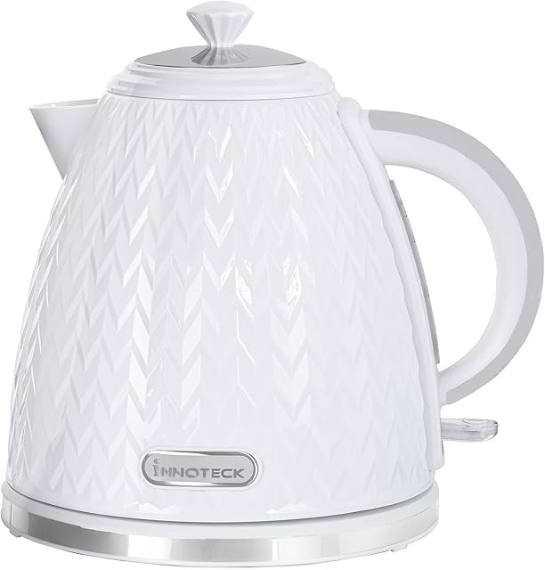 Innoteck Kitchen Pro 1.7L Electric Kettle - White Stylish Textured Body & Stainless-Steel Accents - Cordless BPA-Free Hot Water Boiler with Auto Shut-Off - Boil Water Quickly for Preparing Tea, Coffee