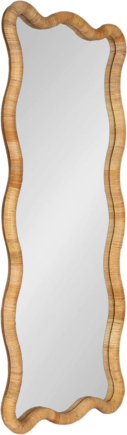 Kate and Laurel Rahfy Boho Scalloped Rectangle Rattan Wall Mirror, 22 x 48, Natural Wood, Decorative Rectangular Wavy Mirror with Authentic Rattan Frame for Bedroom Mirror Decor