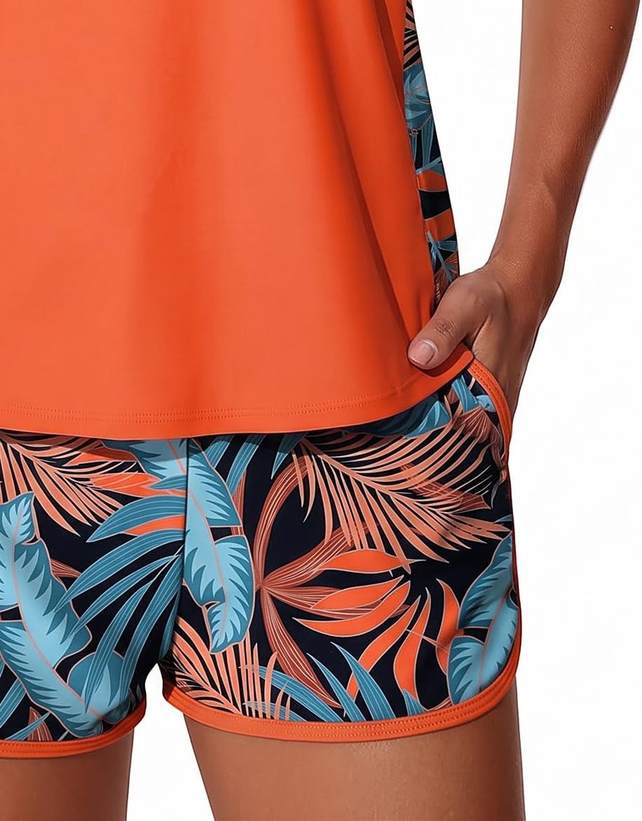 Blouson Tankini Swimsuits for Women Tummy Control Two Piece Bathing Suits with Sporty Pockets Tankini Tops