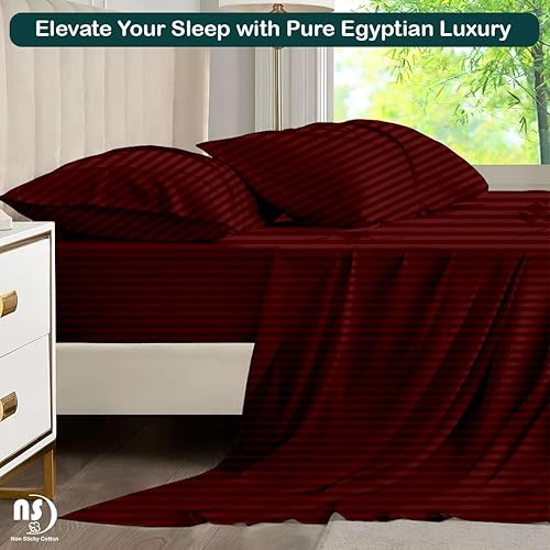 Miniatura 6 de Juego de sábanas premium de 4 piezas de algodón Queen, 100% algodón egipcio, bolsillo profundo de 15 pulgadas de sábanas de algodón, rayas burdeos