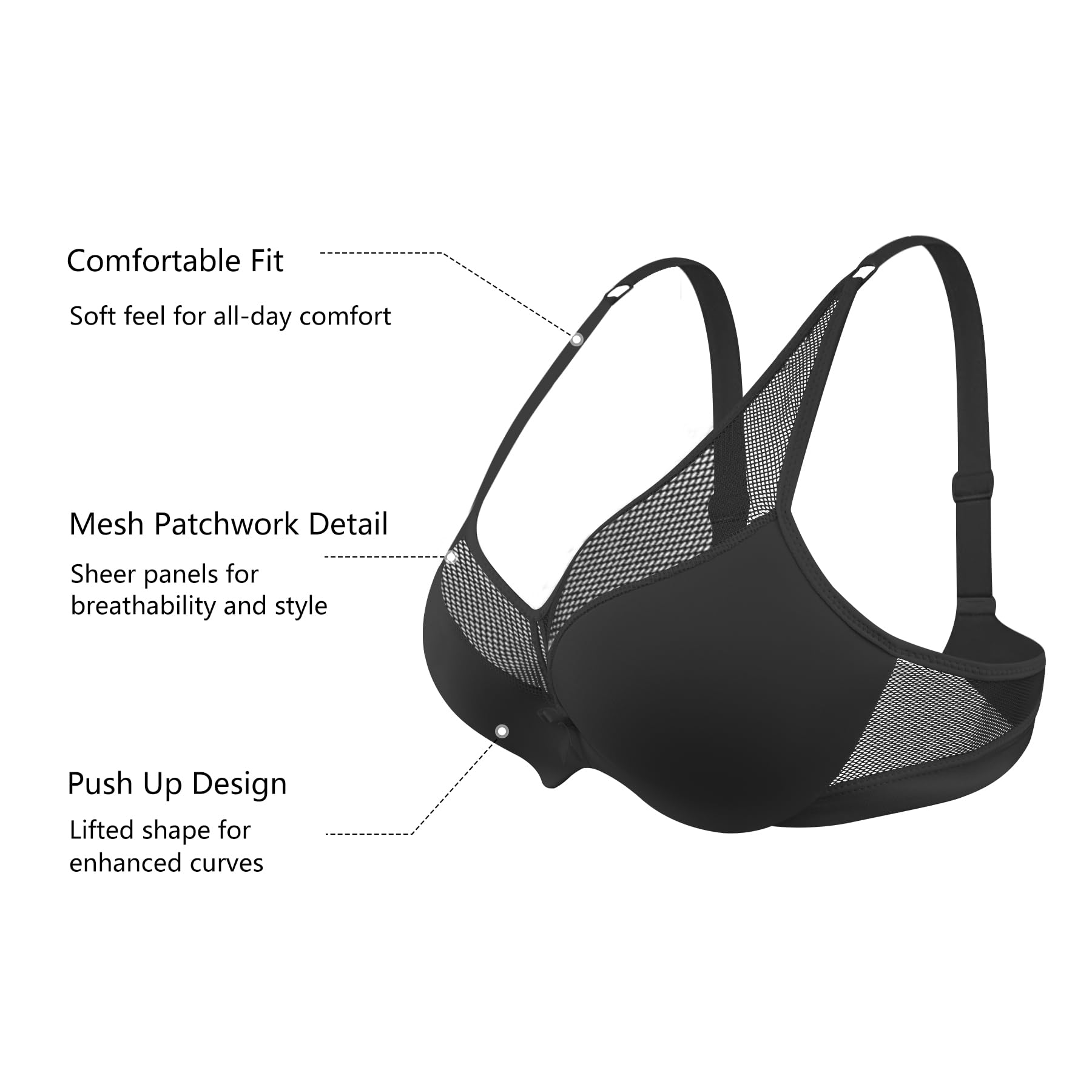 Sujetador Push-up con Aros para Mujer Power Flower Cobertura Total Malla Soporte
