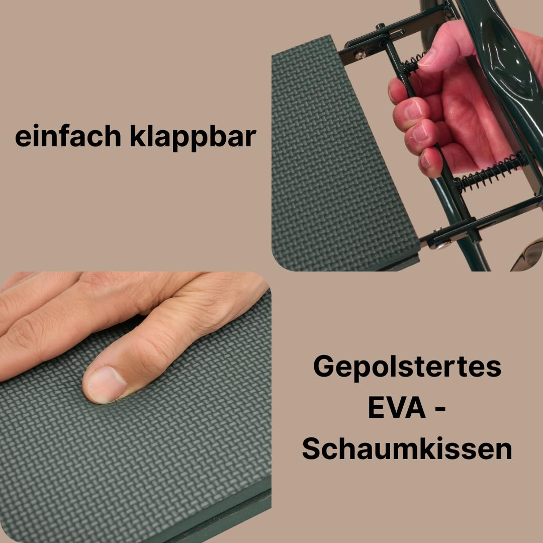2 in 1 Kniebank für Gartenarbeit mit Eva-Schaumpolster, klappbar, inkl. 2 Werkzeugtaschen, 6-teiligem Werkzeugset und faltbarem Garteneimer, belastbar bis 150 kg