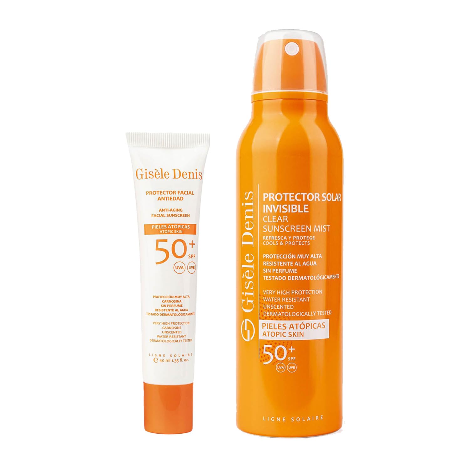 GISÈLE DENIS - Pack Solar Piel Atópica o Sensible, Protector Solar Facial en Crema 40 ml + Protector Solar Corporal Invisible en Spray 300 ml, FPS50+, Cuidado de Piel, Crema Solar, Hidrata la Piel