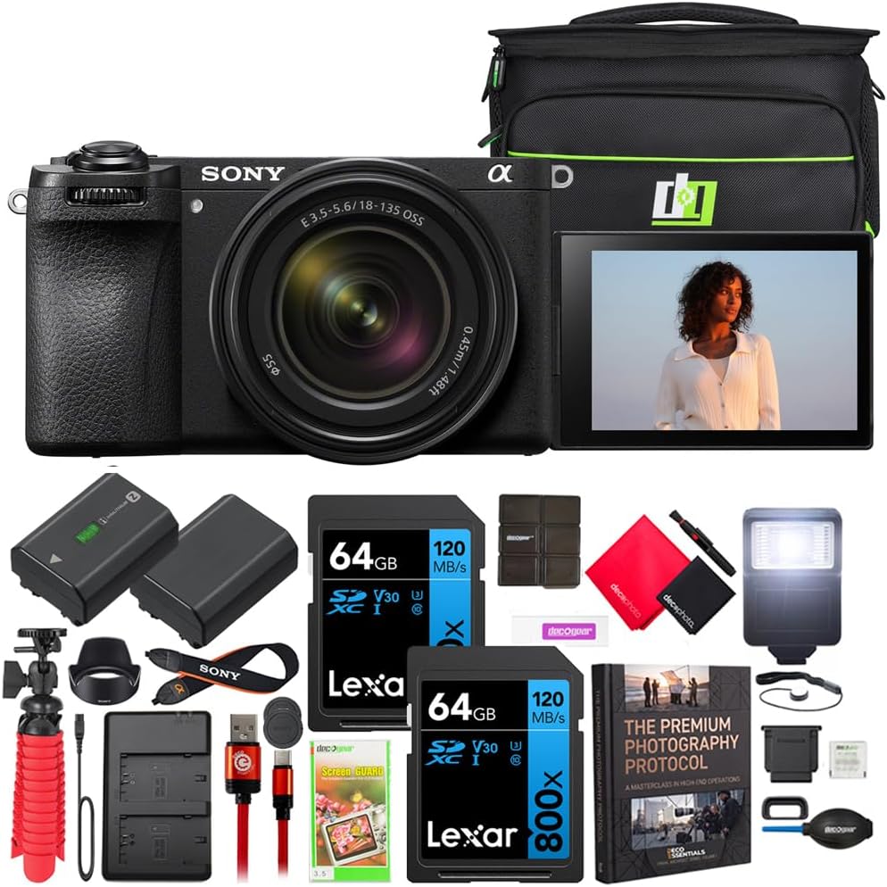 a6700 Alpha APS-C Mirrorless Camera 26MP 4K with 18-135mm Lens Kit ILCE-6700M | Official Sony USA Partner Model | Bundle w/Deco Gear Bag + Flash + Extra Battery + Dual Charger + Photography Pro