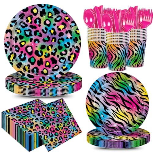 Elzoviran 168pcs Neon Rainbow Leopard Paper Plates Napkins Sparkly Splatter Party Supplies Disposable Tableware Set for Girls Leopard Cheetah Print Birthday Decorations Serve 24 Guests