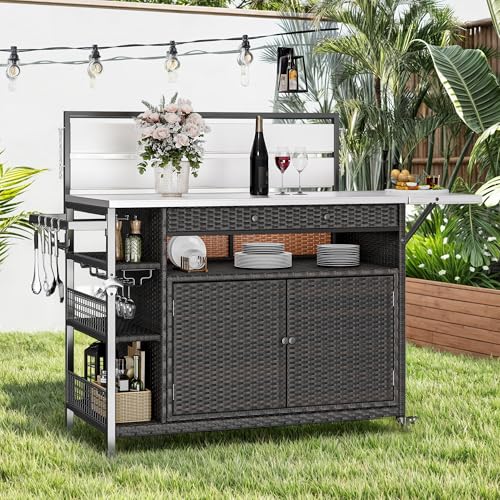 Image of DWVO XL Outdoor Bar Table & Storage Cabinet, Wheels and Stainless Steel Extended Table Top, Patio Bar Table with Side Handle for Patio Kitchen or Bar Cart, Dark Brown