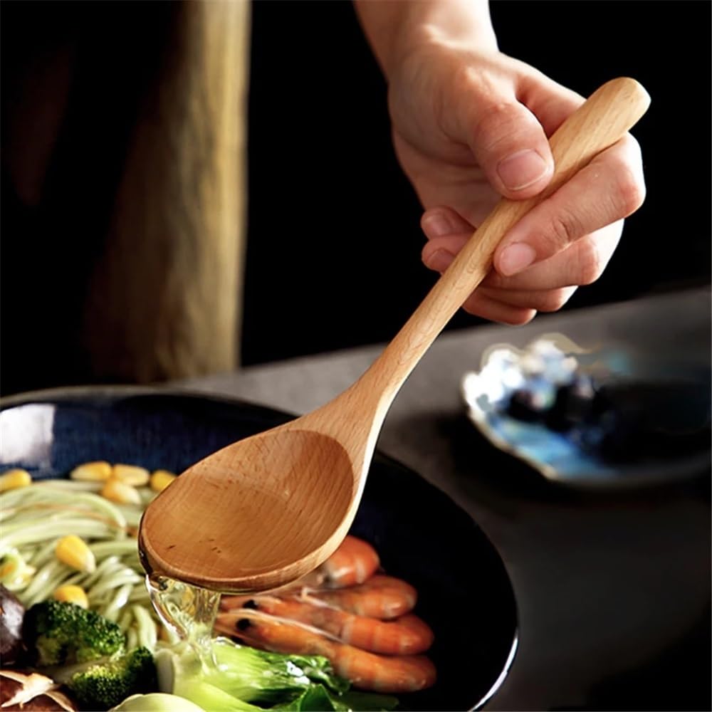Utensilios de cocina Juego de 4 cucharas soperas de madera de haya for servir fideos grandes, ramen y arroz. Para el hogar