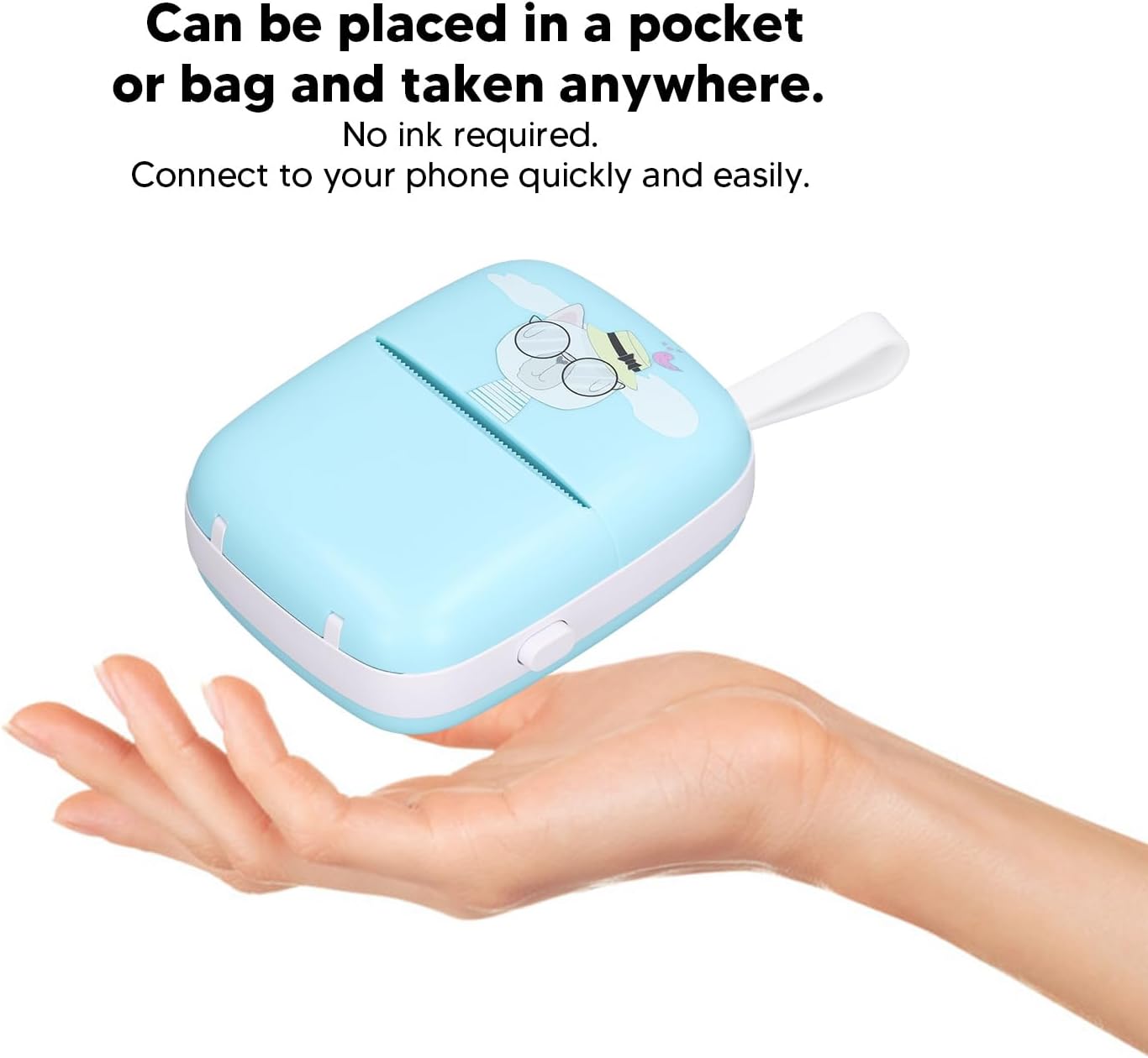 Luqeeg Thermal Printer held in a hand, demonstrating its portable size