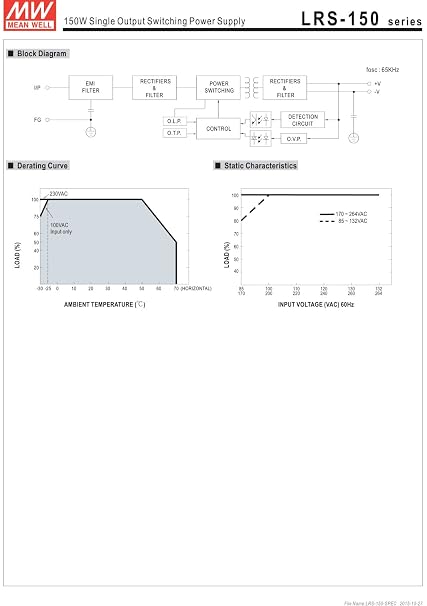 Mean Well LRS-150-24 Switching Power Supply, Single Output, 24V, 6.5A, 156W, 6.26 L x 3.82 W x 1.18 H