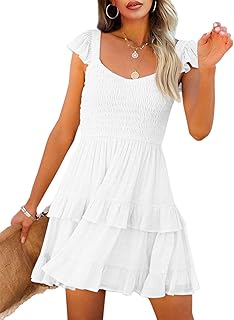 Womens Summer Ruffle Dresses Elastic Empire Waist A-line Layered Swing Flowy Mini Dress - Buy now