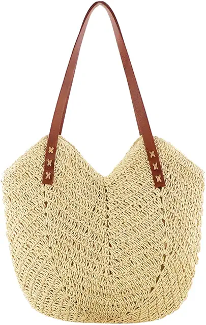 Women's Straw Handbag - Large Beach Bag with Leather Strap - Rieten Tas