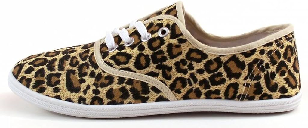 Easy USA Womens Lace Up Canvas Plimsol Sneakers Shoes 6 Asian Leopard