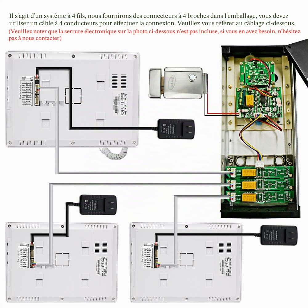 7 '' Interphone Vidéo Couleur Filaire Couleur Système de Porte IR Caméra de Vision Nocturne 720p + écrans de Contrôle Intérieur pour 2/3 Appartements (3 Moniteurs)