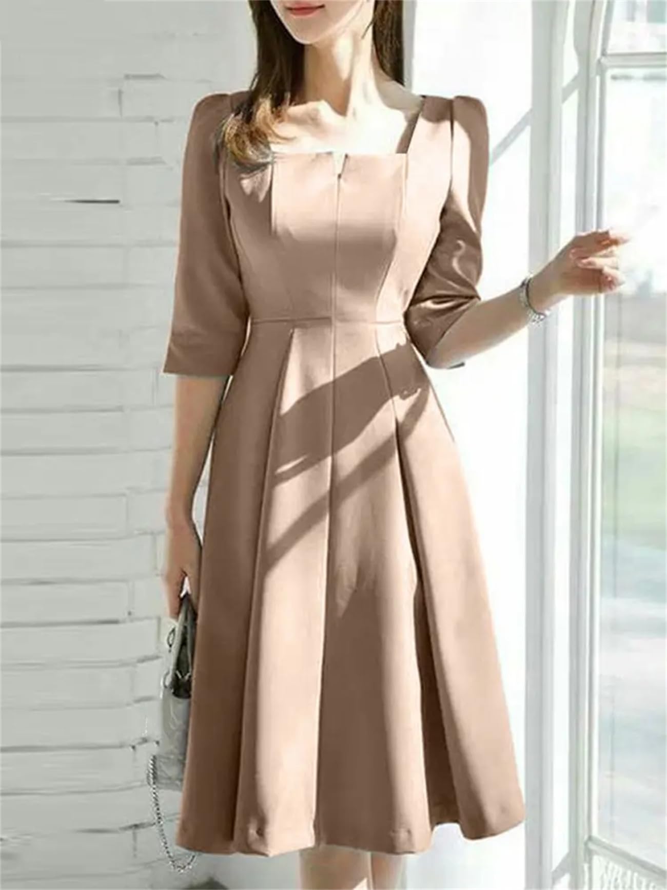 Abito da donna a mezza manica con colletto quadrato prendisole moda estate elegante abito da festa casual solido abiti da lavoro Robe
