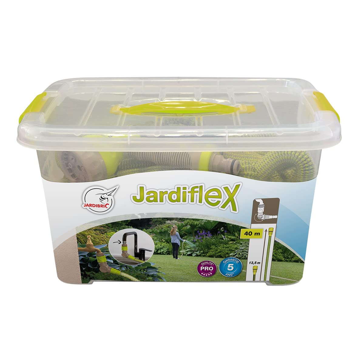 Jardibric – Juego de mangueras extensibles y retráctiles – Uso intensivo – Longitud de 13,5 a 40 m – Conveniente para el riego y el riego, conexión articulada de 180 ° – Caja de almacenamiento de