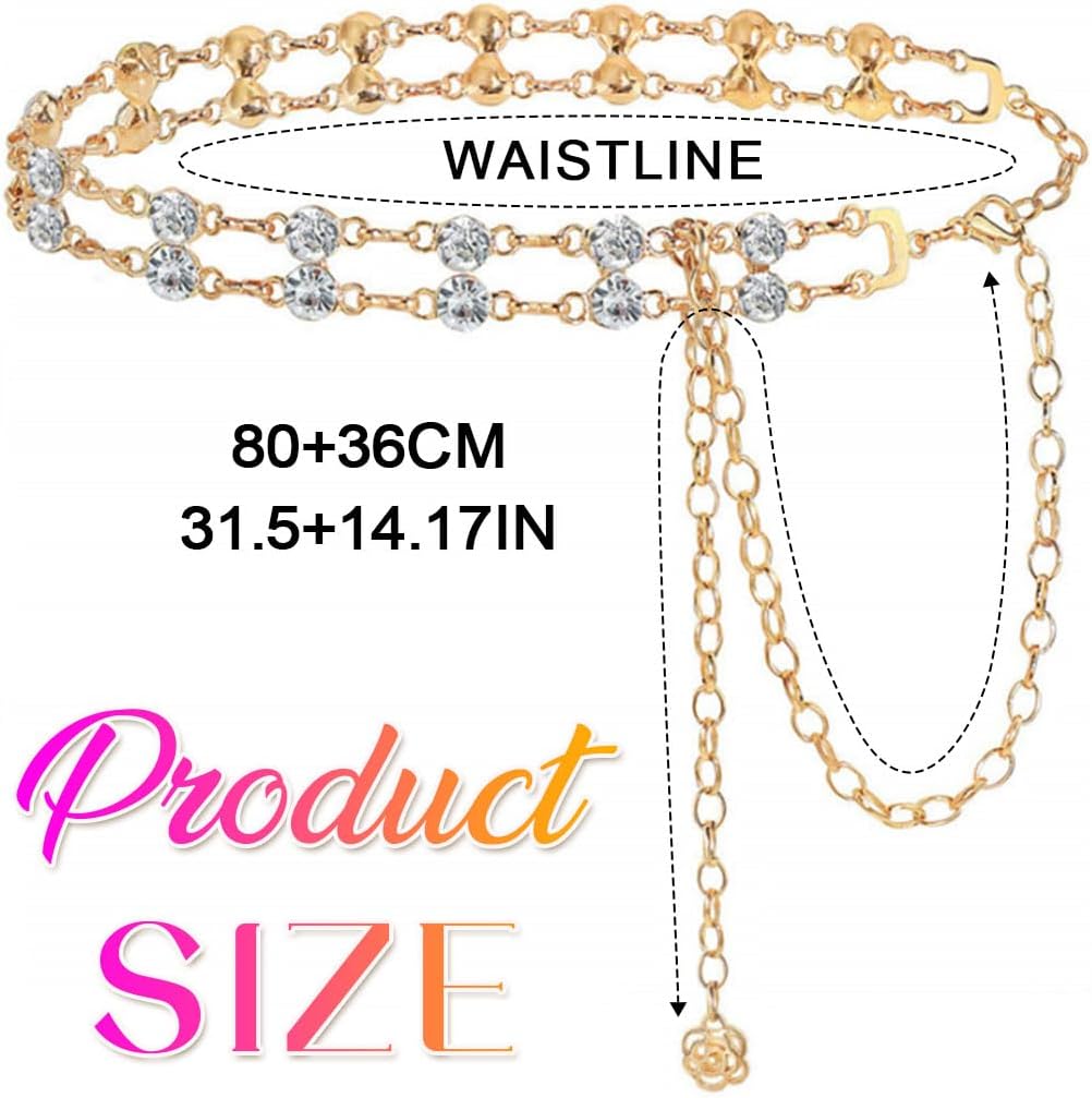 Nicute Rhinestone Chain Belt Gold Waist Chain Sparkly Rave Chain Belts for Women