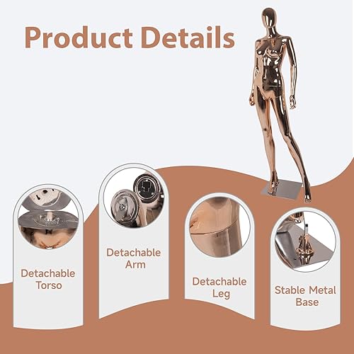 Miniatura 4 de Kinfant Maniquí femenino de cuerpo completo de oro rosa, elegante maniquí femenino alto con base de metal estable, pantalla de forma de vestido de