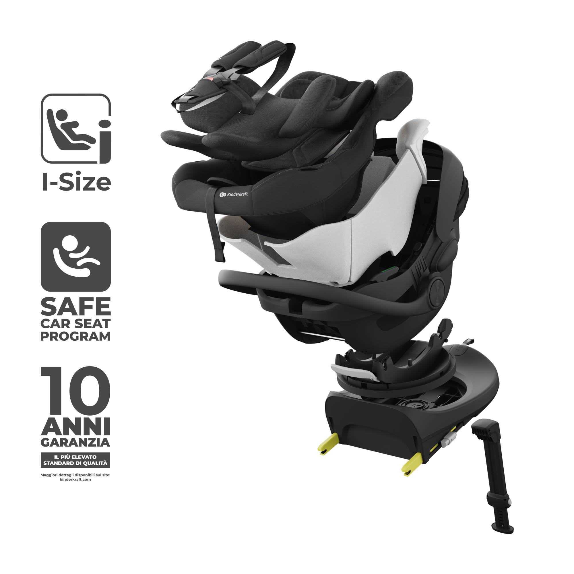 Kinderkraft I-LITE Seggiolino per Bambini, Con Base ENDURA SAFE FX, Seggiolino Auto i-Size, 40–87 cm, Girevole, ISOFIX, ERGO PAD, Sistema Modulare, Pesa 3,2 kg, Cintura a 5 Punti, 0–12 Anni, Nero