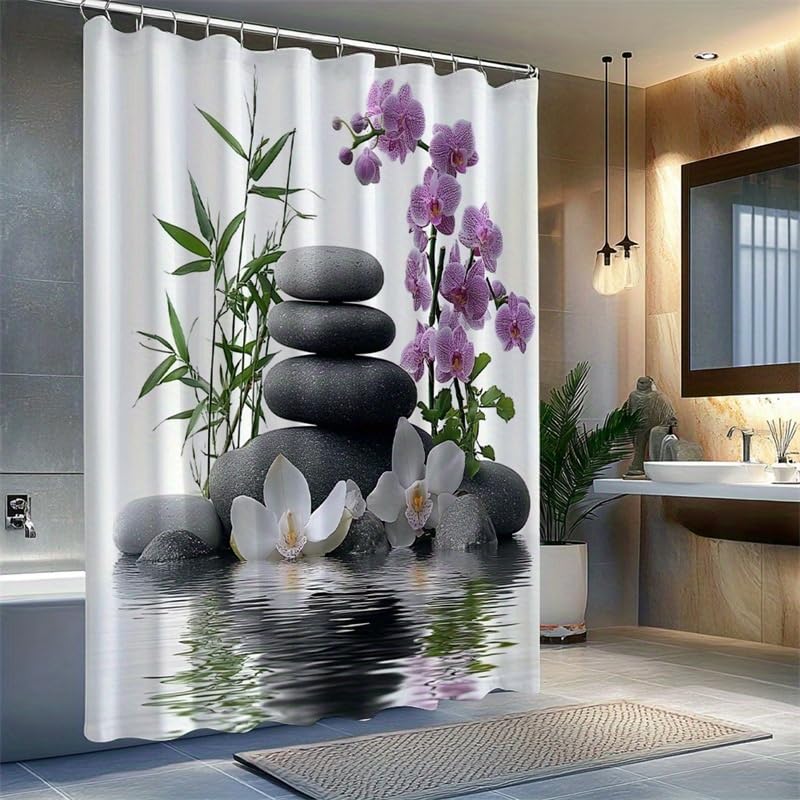 Rideau de douche zen anti-éclaboussures 92x214 cm motif galets et orchidée