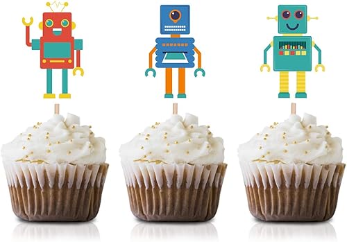 Robots - Púas para cupcakes, paquete de 24 robots para baby shower o decoración de fiesta de cumpleaños para niños