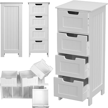 4 Drawer Chest of Drawers Bedroom, Wooden Freestanding Storage Cabinet Sturdy Tall Narrow Storage Cupboard Organiser Unit Dresser Drawers for Bedroom, Bathroom, Living Room, Hallway, Office, Closet