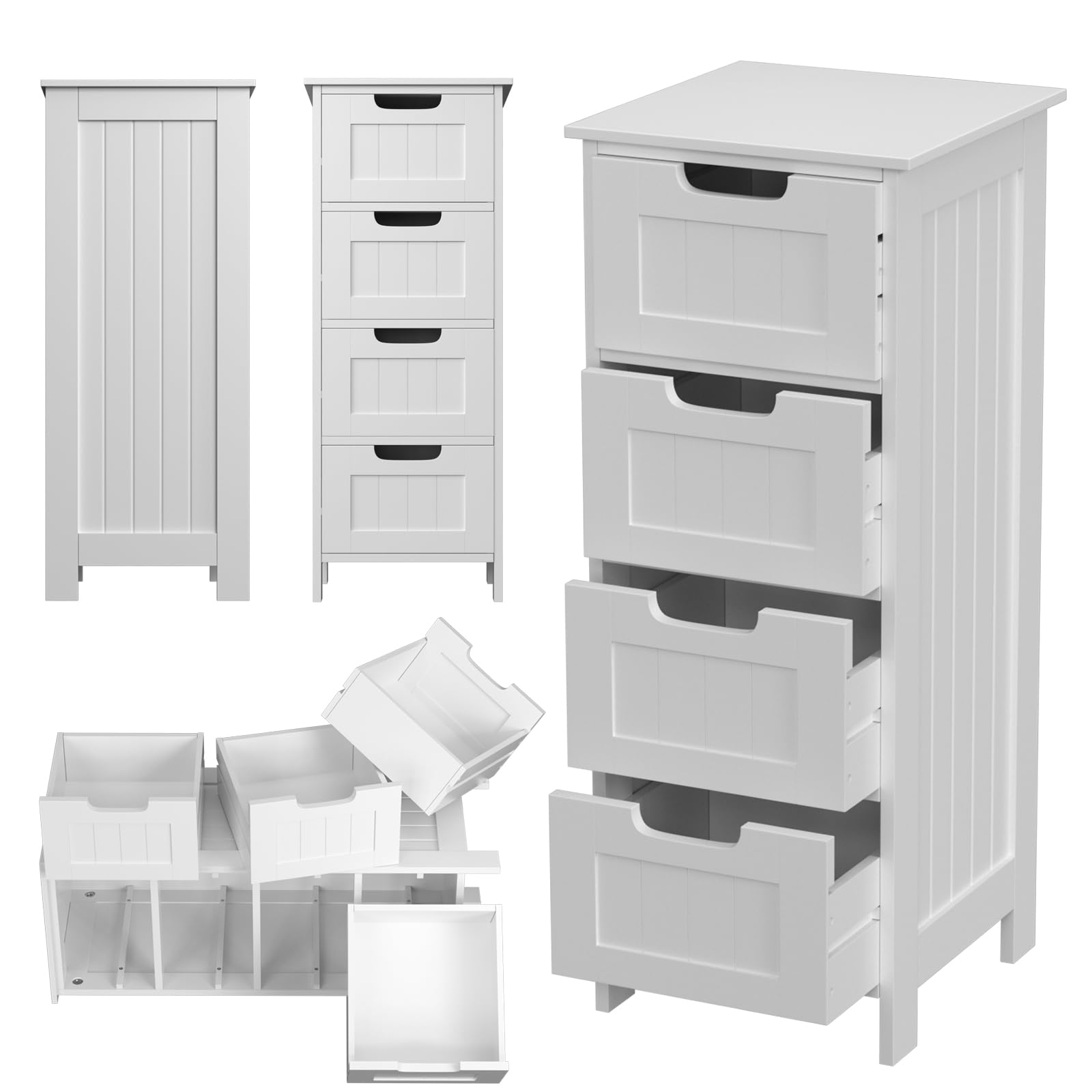 4 Drawer Chest of Drawers Bedroom, Wooden Freestanding Storage Cabinet Sturdy Tall Narrow Storage Cupboard Organiser Unit Dresser Drawers for Bedroom, Bathroom, Living Room, Hallway, Office, Closet