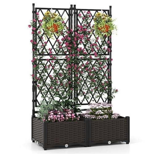 COSTWAY Jardinière avec Treillis sur Pied, Double Bac à Fleur Auto-arrosage en Rotin PP avec Maille Diamant Trou de Drainage, Lit de Jardin pour Plantes Grimpantes Légumes (80 x 40 x 126 cm)