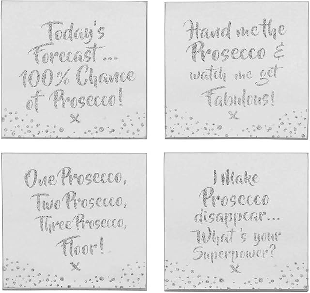 The Leonardo Collection Heat Resistant Set Of 4 Glass Coasters - Silver Prosecco Glitter Slogans