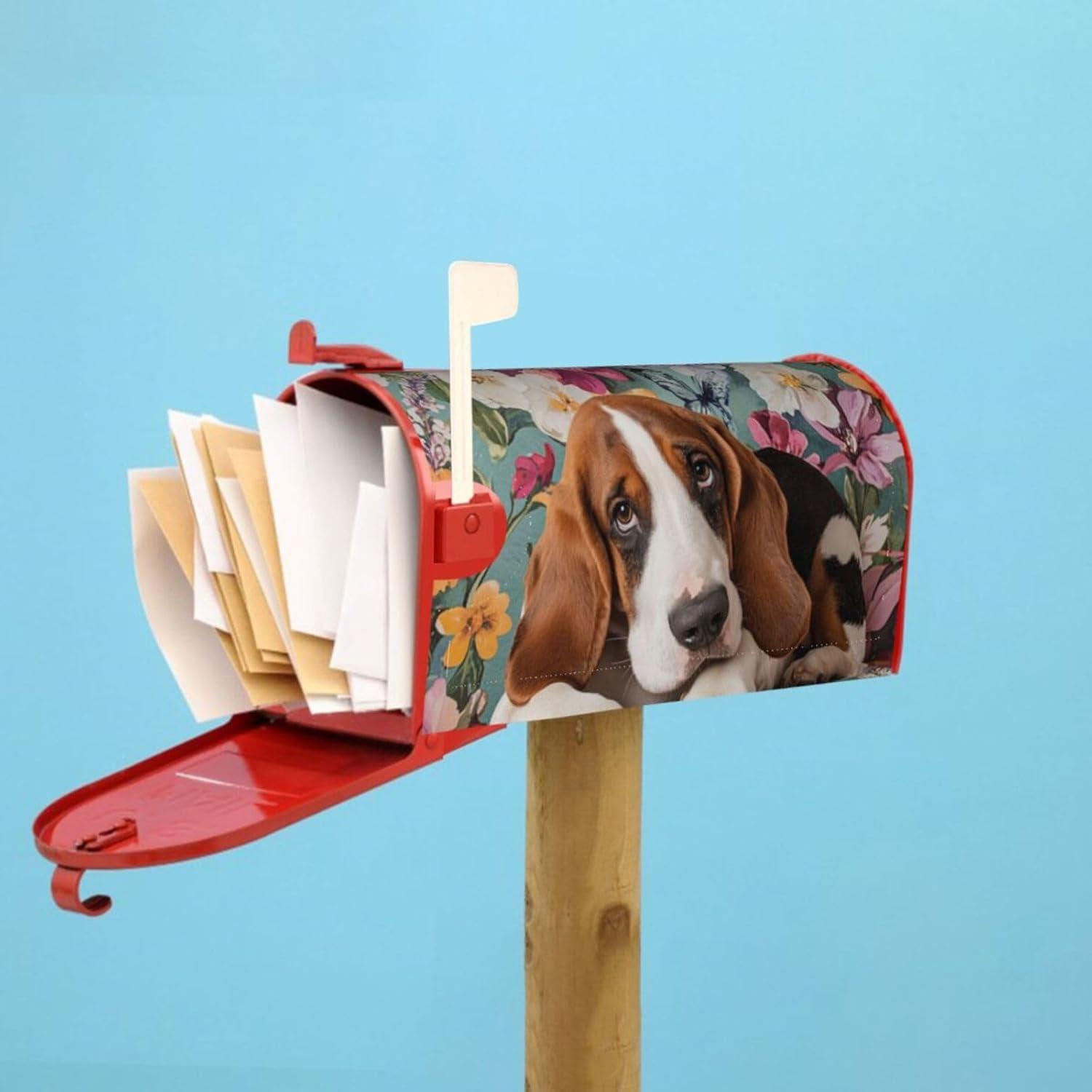 Sweet Basset Hound Florals - Mailbox Cover Magnetic Decor, Wraps Post Letter Box Decorative for Outside Garden Yard 21x18 in