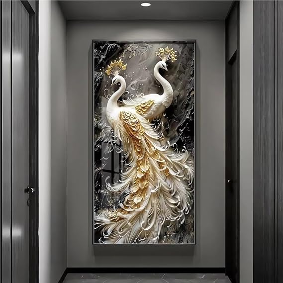 3D Wall Art with Led, Lighted Peacock Wall Fresco with Metal Picture Frame, Sophistication Home Decor for Living Room Entry(Gold,Medium)