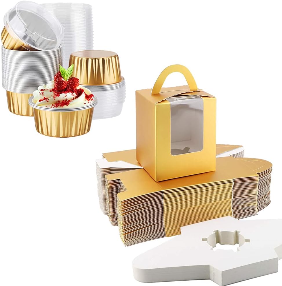 EUSOAR 50pcs 5oz Baking Cups & 50pcs 3.6"x3.6"x4.3" Gold Cupcake Boxes