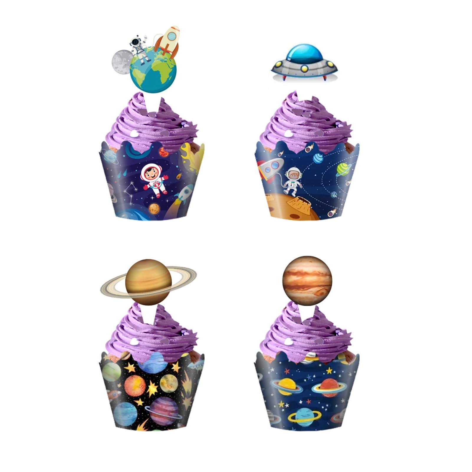 Universe Planet Cupcake Toppers Space Astronaut Cupcake Wrappers for Baby Shower Birthday Outer Space Themed Party Cake Decorations Supplies