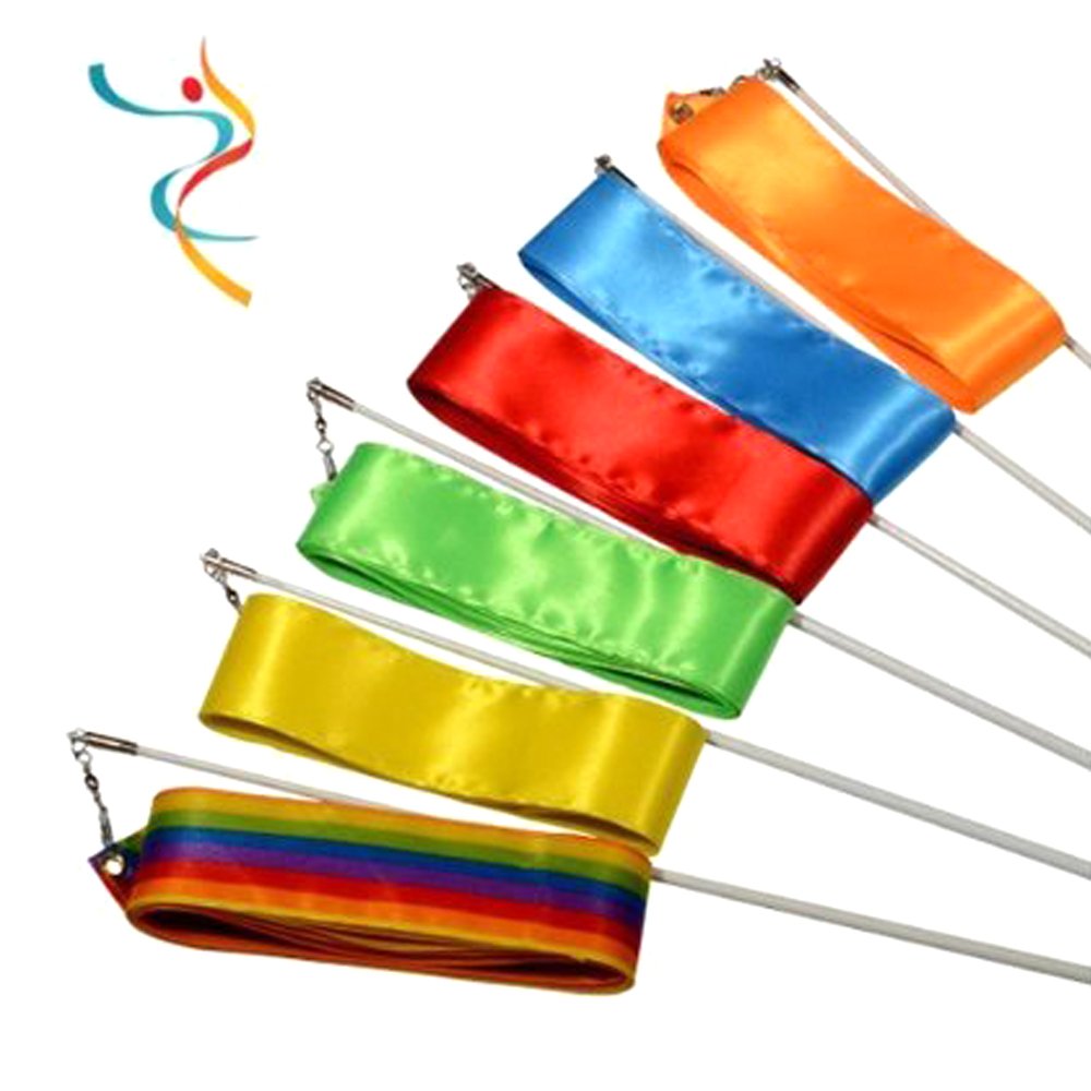 Fletion4M Gym Dance Ribbon Rhythmic Art Gymnastic Coloured Ribbons Ballet Streamer Twirling Rod Stick - Orange + Blue + Red + Green + Yellow + Colorful