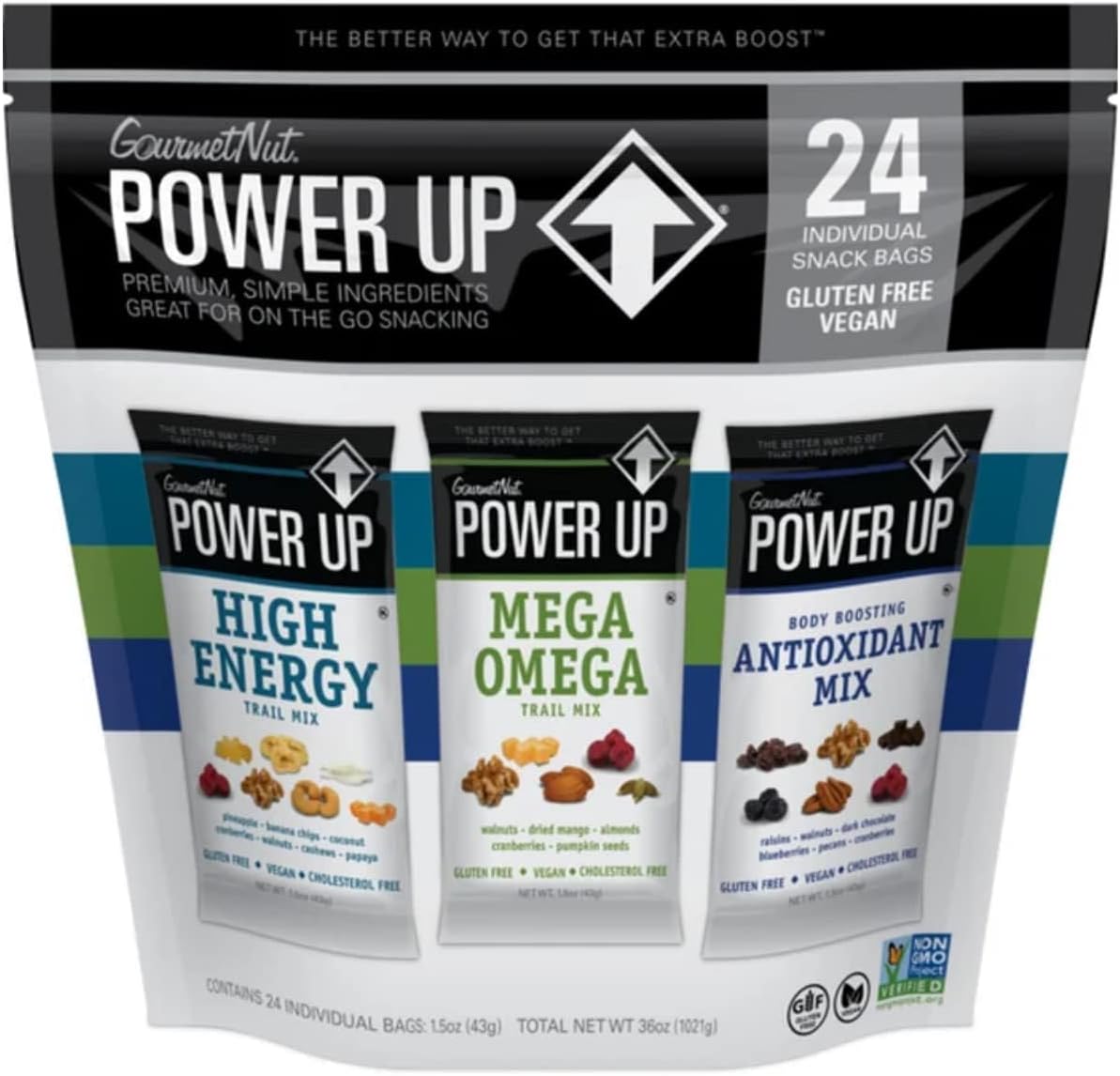 Premium Trail Mix - Variety Pack 24pk - 1.5oz: Antioxidant, Mega Omega, High Energy - Gluten Free, Vegan, Non-GMO