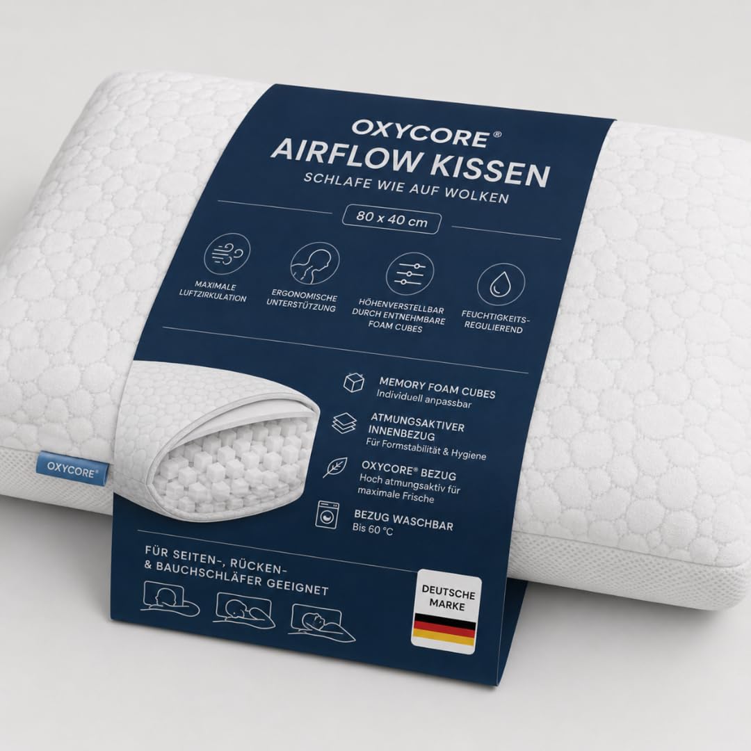 Airflow Kopfkissen 80x40 cm – Höhenverstellbares ergonomisches Memory Foam Kissen mit entnehmbaren Foam Cubes – Atmungsaktives & waschbares Schlafkissen für Seiten-, Rücken- & Bauchschläfer