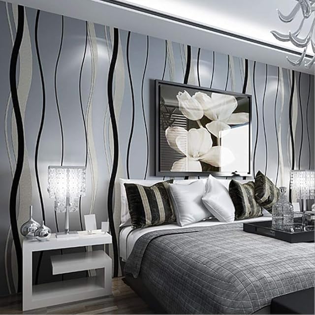 YangYun Home Decoration Modern Minimalist Non-Woven Simple Curve Style Living Room Bedroom Non-Pasted Wallpaper Roll Black Gray Color 0.53m(1.73'W) x 10m(32.8'L)=5.3m2(57sq.ft)