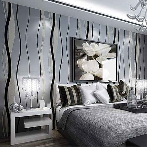 Q QIHANG High-Grade 3D Embossed Striped Simple Curve Wallpaper,Black Gray