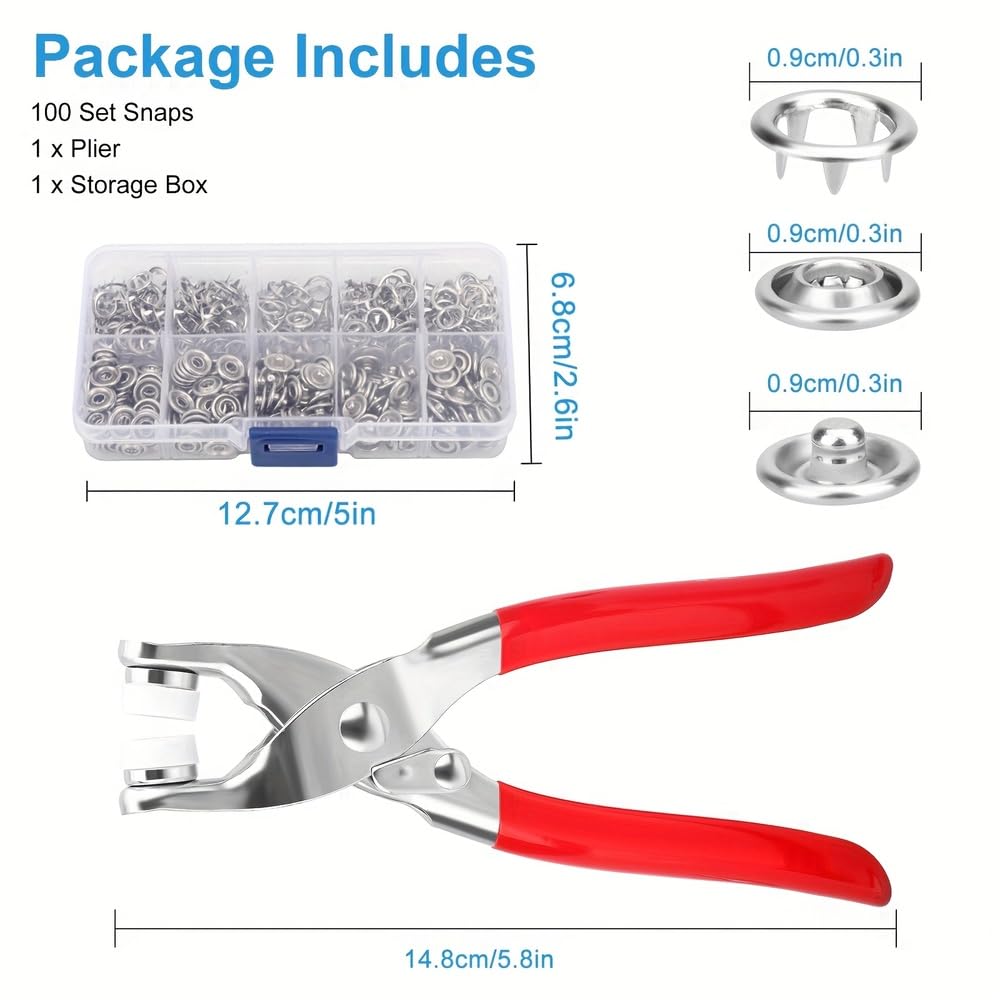 Radhav Mart Premium Snap Buttons Kit - 100 Sets 9.5mm Metal Fasteners Heavy Duty Metal Snap Button Kit with Hand Press Plier - No-Sew Press Studs for Clothing, Hats, Bags, DIY Crafts - Includes Storage Case, Prong Rings & Rivet Buckle Claw 3